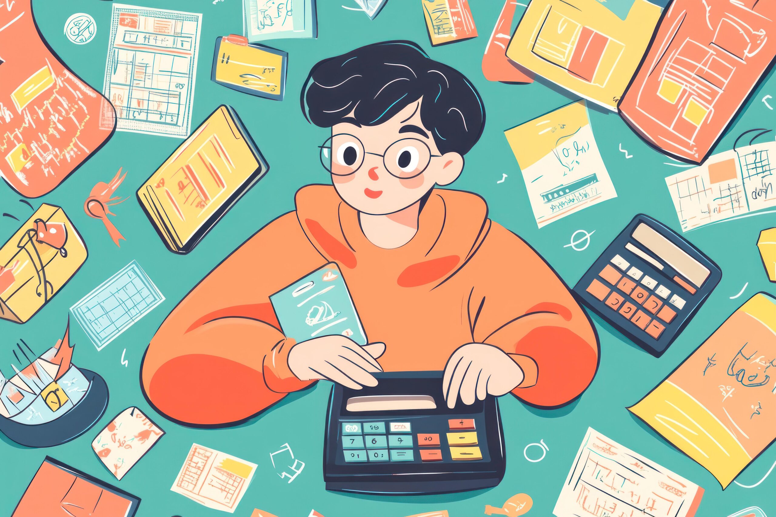 Young man using calculator surrounded by bills and documents. Zero Based Budgeting